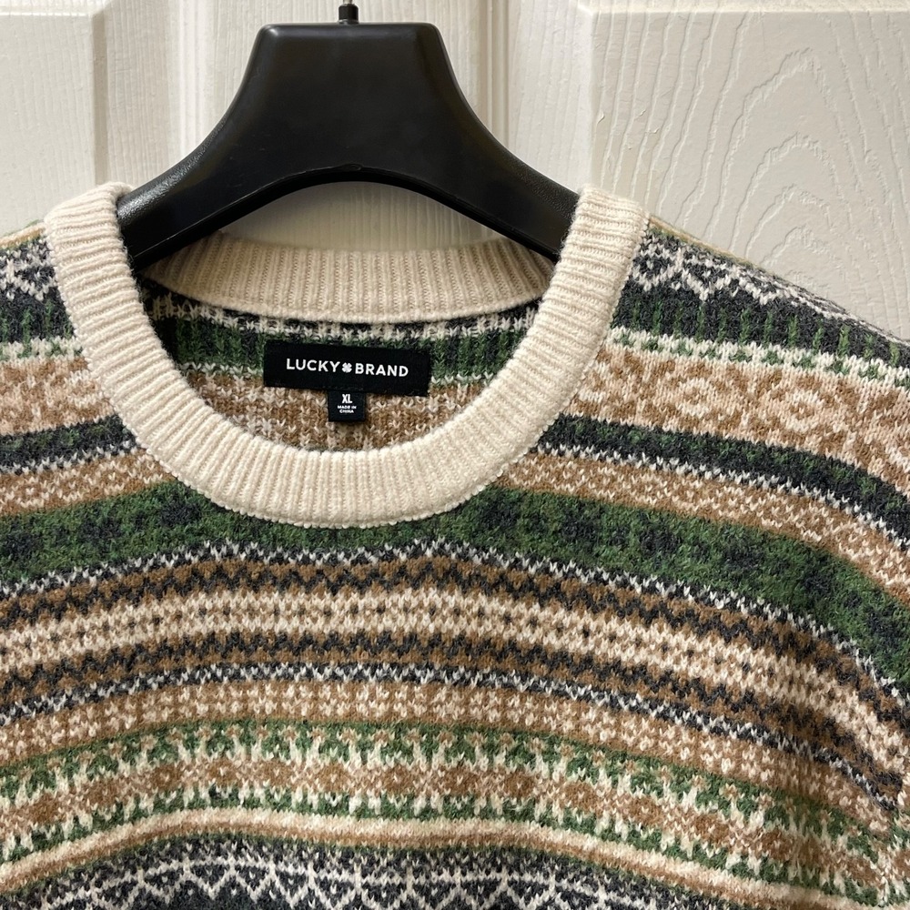 Lucky Brand Men's XL Oatmeal Fair Isle Long Sleeve Crewneck Sweater Stretch NWT